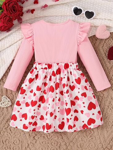 VARMILO Toddler Girls Dresses Long Sleeve A-Line Swing Heart Print Ruffle Sleeve Bowknot Party Valentine's Day Dress in Saudi Arabia