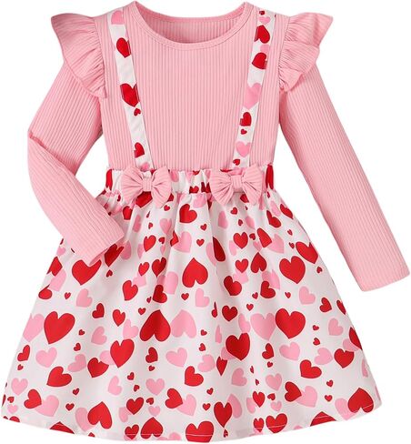 VARMILO Toddler Girls Dresses Long Sleeve A-Line Swing Heart Print Ruffle Sleeve Bowknot Party Valentine's Day Dress in Saudi Arabia