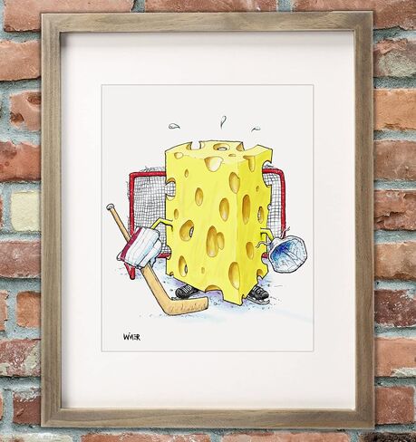 Swiss Cheese Hockey Goalie Humor Cartoon/Illustration Signed by Artist, Matted, Quality Framed and Signed (Natural Wood) (Natural Wood) in Saudi Arabia