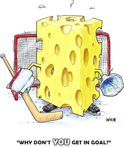 Swiss Cheese Hockey Goalie Humor Cartoon/Illustration Signed by Artist, Matted, Quality Framed and Signed (Natural Wood) (Natural Wood) in Saudi Arabia