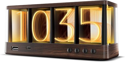 ساعة Swissbrand Vintage Ambient LED، شحن USB-A/USB-C مزدوج، ساعة مكتب/منضدة تعمل بالطاقة USB، خشب محبب، أدوات تحكم على اللوحة in Saudi Arabia