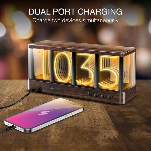 ساعة Swissbrand Vintage Ambient LED، شحن USB-A/USB-C مزدوج، ساعة مكتب/منضدة تعمل بالطاقة USB، خشب محبب، أدوات تحكم على اللوحة in Saudi Arabia