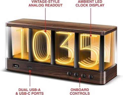 ساعة Swissbrand Vintage Ambient LED، شحن USB-A/USB-C مزدوج، ساعة مكتب/منضدة تعمل بالطاقة USB، خشب محبب، أدوات تحكم على اللوحة in Saudi Arabia