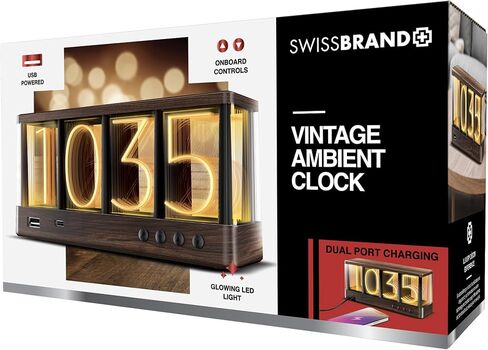 ساعة Swissbrand Vintage Ambient LED، شحن USB-A/USB-C مزدوج، ساعة مكتب/منضدة تعمل بالطاقة USB، خشب محبب، أدوات تحكم على اللوحة in Saudi Arabia