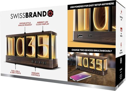 ساعة Swissbrand Vintage Ambient LED، شحن USB-A/USB-C مزدوج، ساعة مكتب/منضدة تعمل بالطاقة USB، خشب محبب، أدوات تحكم على اللوحة in Saudi Arabia