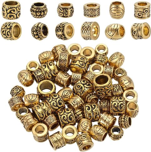 1 Box 60pcs Alloy Large Hole Spacer Beads Tibetan Spacer Beads Gold Antique Golden European Rondelle Round Metal Tube Hollow Column Bead Bulk for Jewelry Making Women DIY Crafts Accessories in Kuwait