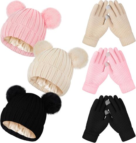 Hicarer 3 Sets Women Winter Warm Set Satin Lined Beanie Hat with Two Pom Poms Touchscreen Gloves for Cold Weather in Saudi Arabia