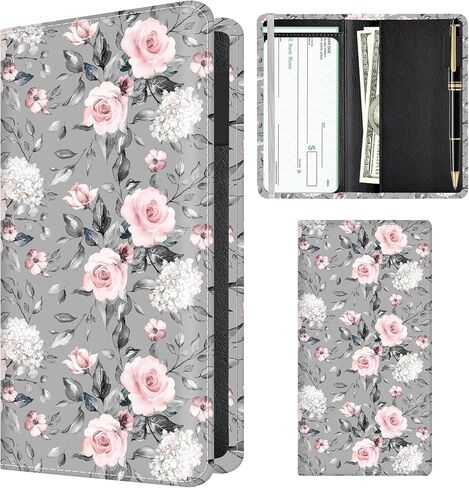 Checkbook Cover for Personal Checkbook, Cute Pu Leather check book for Women & Men, Slim Checkbook Holder with Pen Holder and Built-in Clear Plastic Divider Gray Pink Roses in Saudi Arabia