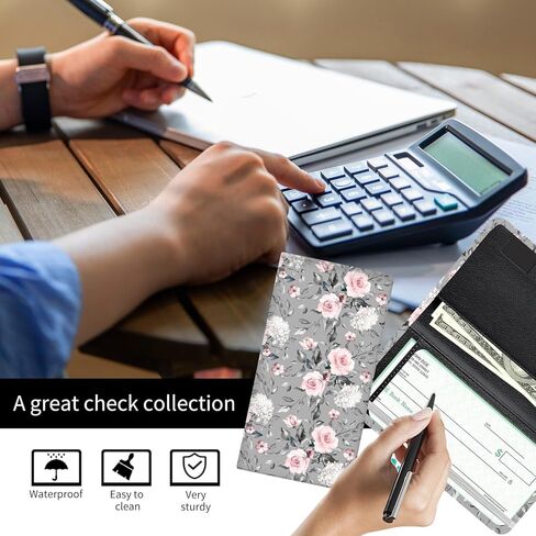 Checkbook Cover for Personal Checkbook, Cute Pu Leather check book for Women & Men, Slim Checkbook Holder with Pen Holder and Built-in Clear Plastic Divider Gray Pink Roses in Saudi Arabia
