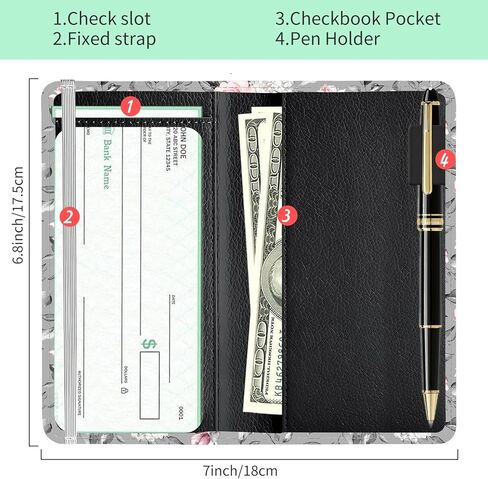 Checkbook Cover for Personal Checkbook, Cute Pu Leather check book for Women & Men, Slim Checkbook Holder with Pen Holder and Built-in Clear Plastic Divider Gray Pink Roses in Saudi Arabia