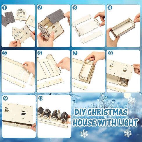 قرية عيد الميلاد الخشبية الكبيرة DIY مع ضوء LED 14 * 6.5 منزل ريفي لعيد الميلاد هدية تعمل بالبطارية لتزيين سطح المكتب لحفلات عيد الميلاد (متعدد الألوان) in Kuwait