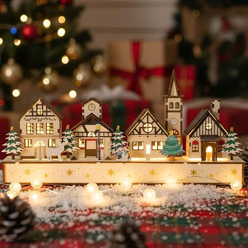 قرية عيد الميلاد الخشبية الكبيرة DIY مع ضوء LED 14 * 6.5 منزل ريفي لعيد الميلاد هدية تعمل بالبطارية لتزيين سطح المكتب لحفلات عيد الميلاد (متعدد الألوان) in Kuwait