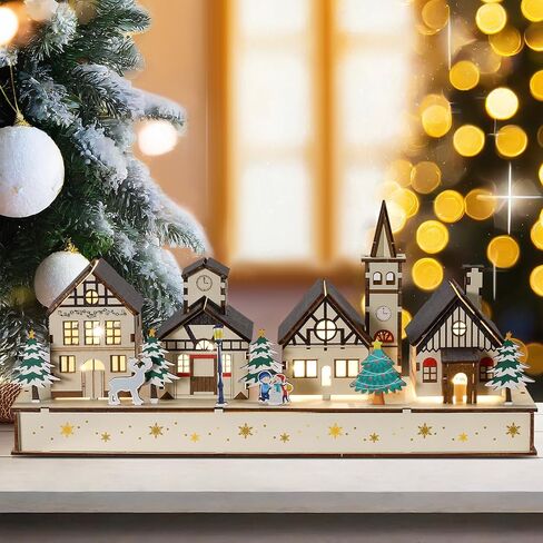 قرية عيد الميلاد الخشبية الكبيرة DIY مع ضوء LED 14 * 6.5 منزل ريفي لعيد الميلاد هدية تعمل بالبطارية لتزيين سطح المكتب لحفلات عيد الميلاد (متعدد الألوان) in Kuwait