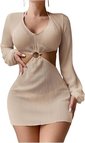 OYOANGLE Women's Beach Cover Up Long Sleeve Ring Linked Cut Out Crochet Dress Coverups Swimwear in Saudi Arabia
