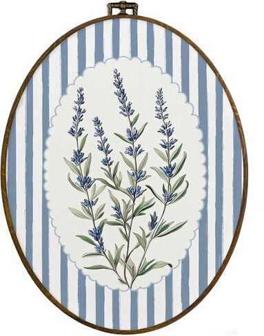 dvhdajed grandmillennial الأزرق الخزامى الأزهار البيضاوي جدار الفن الديكور، preppy chinoiserie الأزهار النباتية مؤطرة قماش الفن، Cottagecore الأزرق مخطط البيضاوي الجدار شنقا الديكور لغرفة نوم غرفة الفتيات، 8.7x11.3 in Kuwait