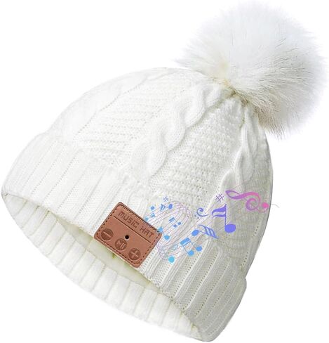 Bluetooth Beanie Hat Women with Headphones Sport Wireless Music Hat with Pompon Stereo Headphones Built-in Microphone Bluetooth Beanie for Women Girls Outdoor Running White in Kuwait