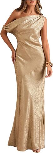 OYOANGLE Women's Metallic Off The Shoulder Bodycon Fishtail Maxi Dress Ruched Party Evening Cocktail Dresses in Saudi Arabia