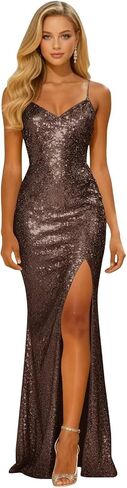 Long Sparkly Sequin V Neck Prom Dresses with Slit Mermaid Formal Evening Party Gown 2026 in Saudi Arabia