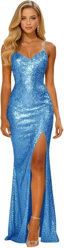 Long Sparkly Sequin V Neck Prom Dresses with Slit Mermaid Formal Evening Party Gown 2026 in Saudi Arabia