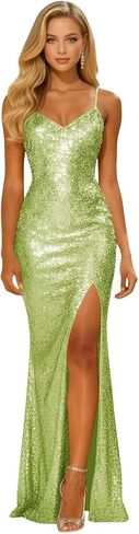 Long Sparkly Sequin V Neck Prom Dresses with Slit Mermaid Formal Evening Party Gown 2026 in Saudi Arabia