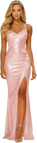 Long Sparkly Sequin V Neck Prom Dresses with Slit Mermaid Formal Evening Party Gown 2026 in Saudi Arabia