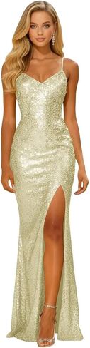Long Sparkly Sequin V Neck Prom Dresses with Slit Mermaid Formal Evening Party Gown 2026 in Saudi Arabia
