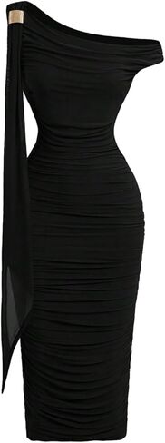 فستان SOLY HUX نسائي بدون أكتاف ضيق بدون أكمام ورقبة غير متماثلة مكشكشة للحفلات المسائية متوسطة الطول in Kuwait