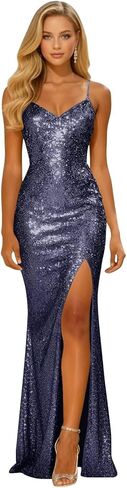 Long Sparkly Sequin V Neck Prom Dresses with Slit Mermaid Formal Evening Party Gown 2026 in Saudi Arabia