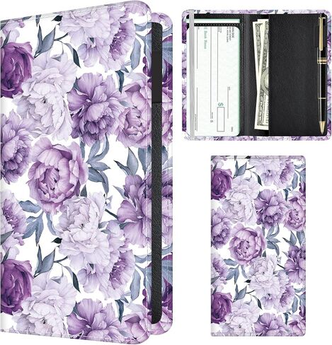 Checkbook Cover for Personal Checkbook, Cute Pu Leather check book for Women & Men, Slim Checkbook Holder with Pen Holder and Built-in Clear Plastic Divider Gray Pink Roses in Saudi Arabia