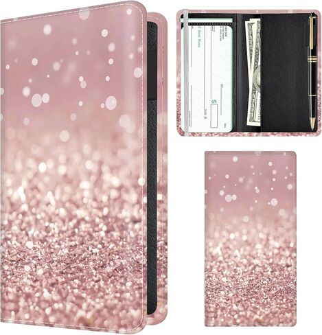 Checkbook Cover for Personal Checkbook, Cute Pu Leather check book for Women & Men, Slim Checkbook Holder with Pen Holder and Built-in Clear Plastic Divider Gray Pink Roses in Saudi Arabia