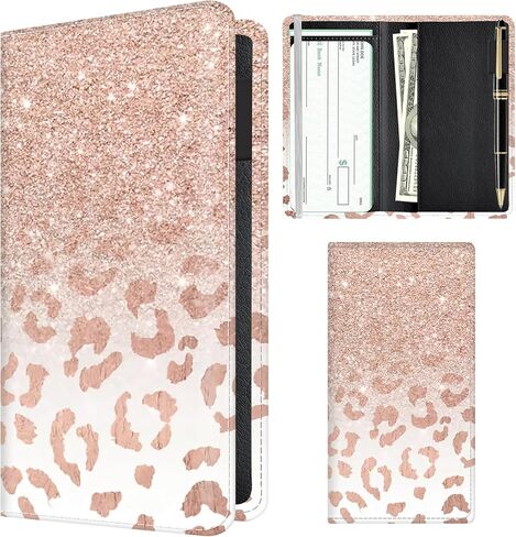 Checkbook Cover for Personal Checkbook, Cute Pu Leather check book for Women & Men, Slim Checkbook Holder with Pen Holder and Built-in Clear Plastic Divider Gray Pink Roses in Saudi Arabia