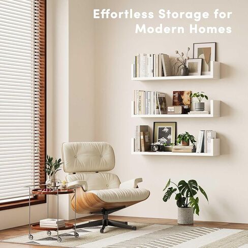 Wall Bookshelf, Set of 3, U Shaped Floating Bookshelf, Hanging Bookshelves for Wall, Wall Mounted Shelves for Living Room Bedroom Office (White, 17 Inches, 3) in Saudi Arabia
