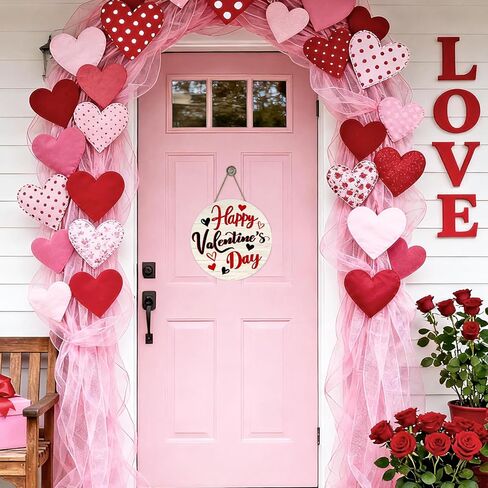 Happy Valentines Day Front Door Sign, Red Black Love Heart Farmhouse Wood Hanger Outdoor Outside Porch Home Decor, Rustic Anniversary Wedding Wooden Wreath Indoor Wall Hanging Decoration in Saudi Arabia