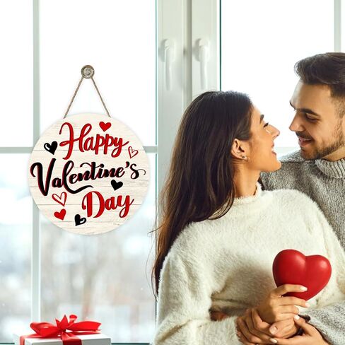 Happy Valentines Day Front Door Sign, Red Black Love Heart Farmhouse Wood Hanger Outdoor Outside Porch Home Decor, Rustic Anniversary Wedding Wooden Wreath Indoor Wall Hanging Decoration in Saudi Arabia