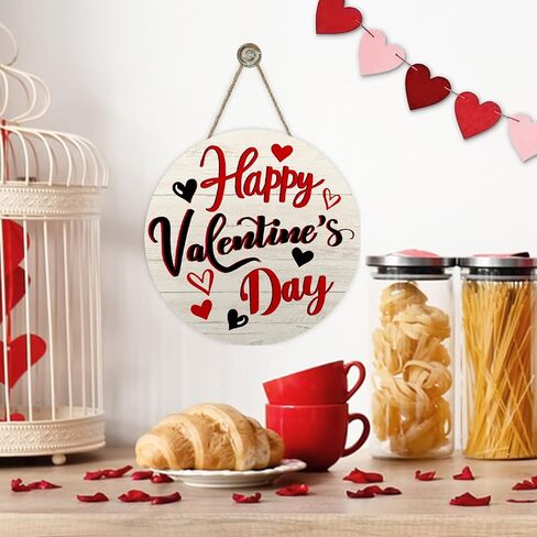 Happy Valentines Day Front Door Sign, Red Black Love Heart Farmhouse Wood Hanger Outdoor Outside Porch Home Decor, Rustic Anniversary Wedding Wooden Wreath Indoor Wall Hanging Decoration in Saudi Arabia