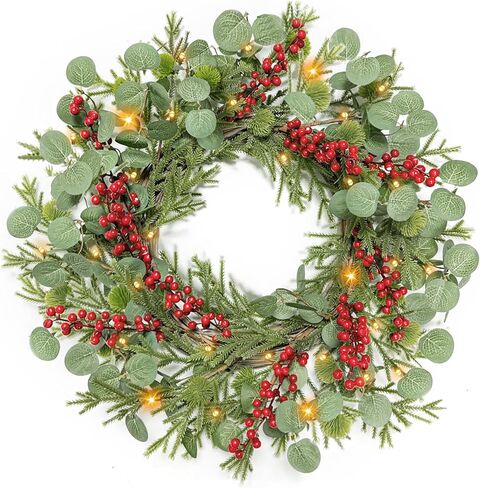 Christmas Wreath with Lights Timer - 20 Inch Christmas Wreaths with Cedar Branch Tips Eucalyptus Red Berries, Artificial Cedar Wreath for Front Door, Wall, Windows, Home, Indoor, Outdoor Use in Saudi Arabia