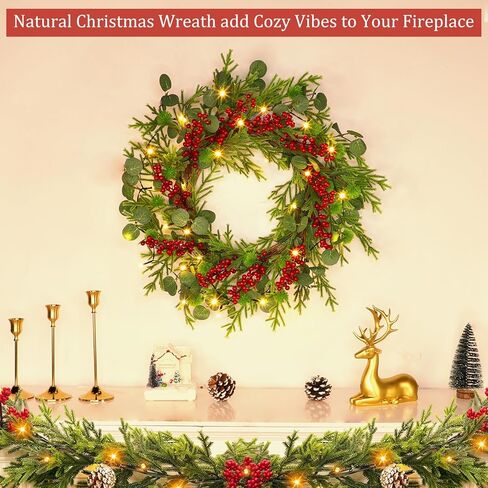 Christmas Wreath with Lights Timer - 20 Inch Christmas Wreaths with Cedar Branch Tips Eucalyptus Red Berries, Artificial Cedar Wreath for Front Door, Wall, Windows, Home, Indoor, Outdoor Use in Saudi Arabia