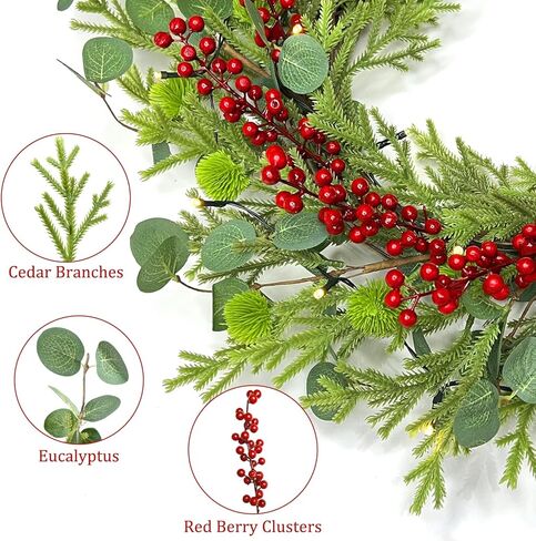 Christmas Wreath with Lights Timer - 20 Inch Christmas Wreaths with Cedar Branch Tips Eucalyptus Red Berries, Artificial Cedar Wreath for Front Door, Wall, Windows, Home, Indoor, Outdoor Use in Saudi Arabia