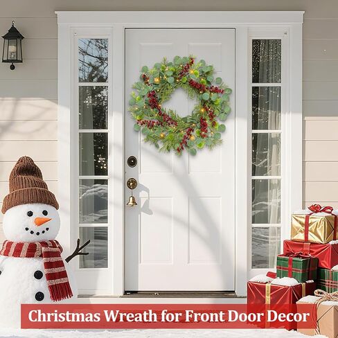 Christmas Wreath with Lights Timer - 20 Inch Christmas Wreaths with Cedar Branch Tips Eucalyptus Red Berries, Artificial Cedar Wreath for Front Door, Wall, Windows, Home, Indoor, Outdoor Use in Saudi Arabia