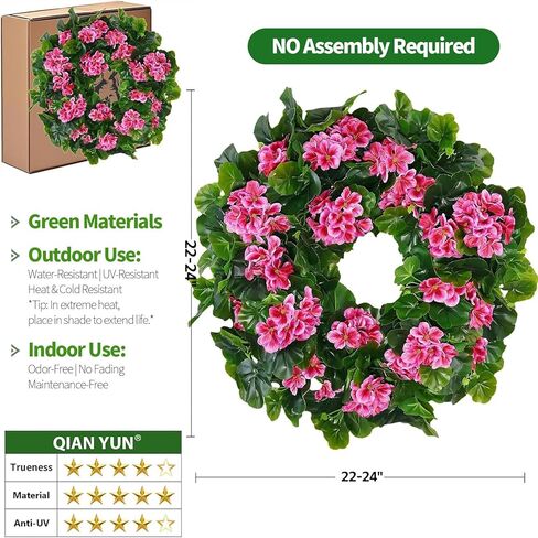 Spring Pink Wreath 24" – Floral Decor with Geranium Flowers for Front Door, Entry, Porch Display, Easter, Thanksgiving, Christmas in Saudi Arabia