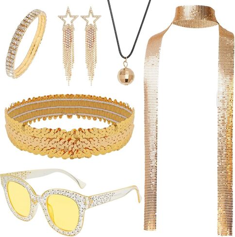 6 Pcs 70s Women Disco Accessories Sequin Scarf Headband Bracelet Necklace Earrings Sunglasses for Christmas Disco Costume in Kuwait