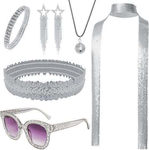 6 Pcs 70s Women Disco Accessories Sequin Scarf Headband Bracelet Necklace Earrings Sunglasses for Christmas Disco Costume in Saudi Arabia