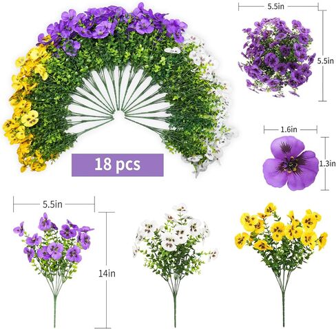 18 Bundles Artificial Flowers for Outdoor, UV Resistant Fake Pansy Flowers, Silk Faux Fowers for Outdoor Planters Home Garden Office Patio Front (Yellow/Purple/White) in Saudi Arabia