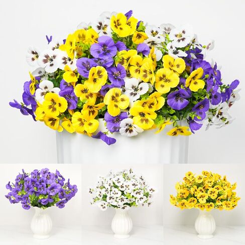 18 Bundles Artificial Flowers for Outdoor, UV Resistant Fake Pansy Flowers, Silk Faux Fowers for Outdoor Planters Home Garden Office Patio Front (Yellow/Purple/White) in Saudi Arabia