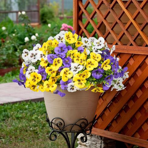 18 Bundles Artificial Flowers for Outdoor, UV Resistant Fake Pansy Flowers, Silk Faux Fowers for Outdoor Planters Home Garden Office Patio Front (Yellow/Purple/White) in Saudi Arabia