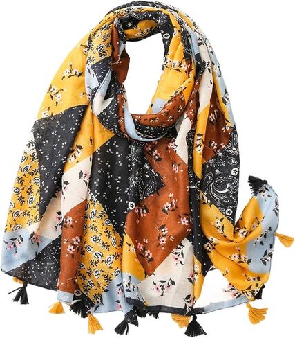 Womens Boho Scarf Lightweight Floral Printed Scarves Fall Winter Fashion Fringed Shawl in Saudi Arabia