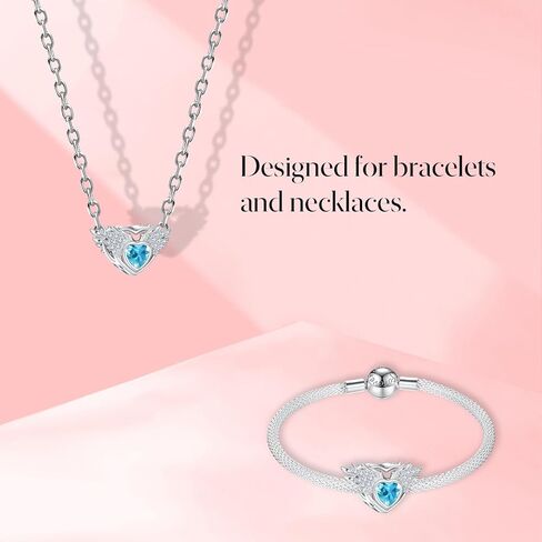 S925 Birthstone Charms for Pandora Bracelets and Necklaces, Birthstone Heart Charms with CZ Angel Wing, Birthday Christmas Mothers Day Valentine's Day Jewelry Gift Women in Saudi Arabia