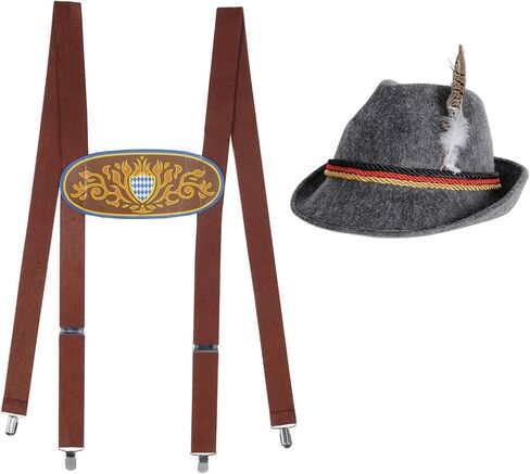 Beistle Bavarian Oktoberfest Costume Set, 1 Pair Deutsch Suspenders & 1 German Alpine Hat Oktoberfest Party Accessories Beer Festival Lederhosen Outfit in Saudi Arabia