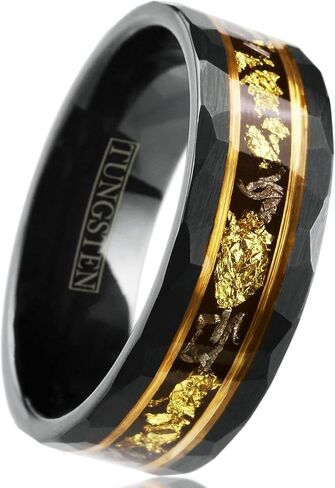 Personalized Engraved 6mm/8mm Brushed Satin Finish Black Tungsten Carbide Faceted Flat Band Ring with Gold Leaf and Black Faux Meteorite Inlay between Rose Gold Stripes. in Saudi Arabia