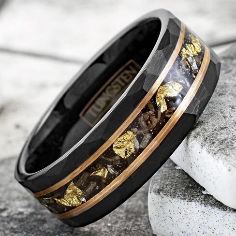 Personalized Engraved 6mm/8mm Brushed Satin Finish Black Tungsten Carbide Faceted Flat Band Ring with Gold Leaf and Black Faux Meteorite Inlay between Rose Gold Stripes. in Saudi Arabia